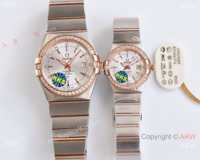 Swiss Quality Clone Omega Double Eagle Couple Watches - Silver Dial Diamond Bezel 38mm and 27mm